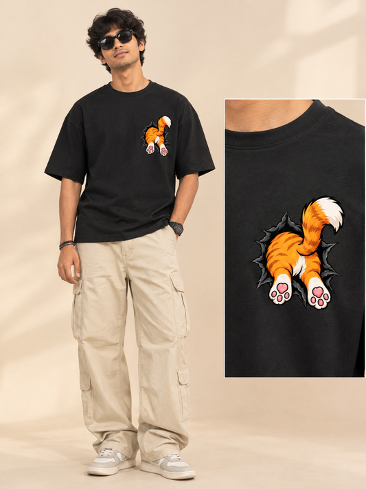 Cat Torn Print Graphic Oversized Tee