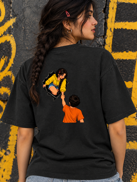 Girl Climbing Ladder Through Torn Hole Oversized T-Shirt