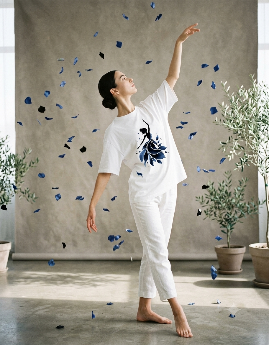 Blue Floral Dancer Silhouette Black T-Shirt | Women dance lover giftGraphic Tee | Aesthetic Art Print Shirt