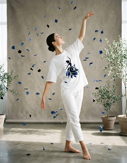 Blue Floral Dancer Silhouette Black T-Shirt | Women dance lover giftGraphic Tee | Aesthetic Art Print Shirt
