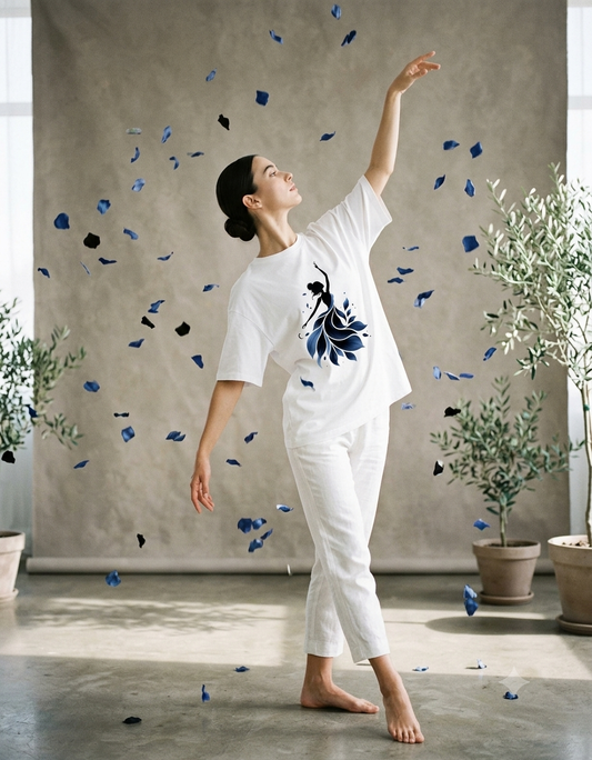 Blue Floral Dancer Silhouette Black T-Shirt | Women dance lover giftGraphic Tee | Aesthetic Art Print Shirt