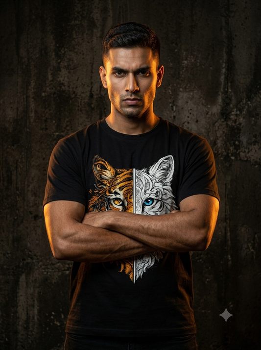 Tiger Print Relaxed Fit T-Shirt For Men & Women | Unisex Graphic Tee | Half Tiger Half wolf Design
