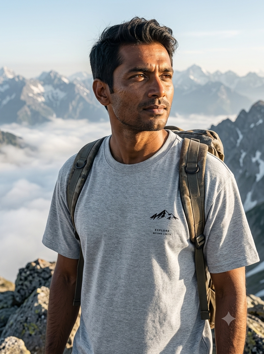 Explore Beyond Limits Mountain Graphic T-Shirt | Adventure Printed Unisex tee | Left chest Print