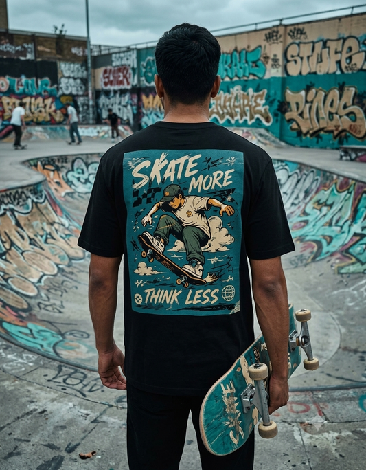 Skate More Think Less T-Shirt | Retro Skater Graphic Tee | Unisex Street Style Black Oversized TeeUnisex Basic T-Shirt