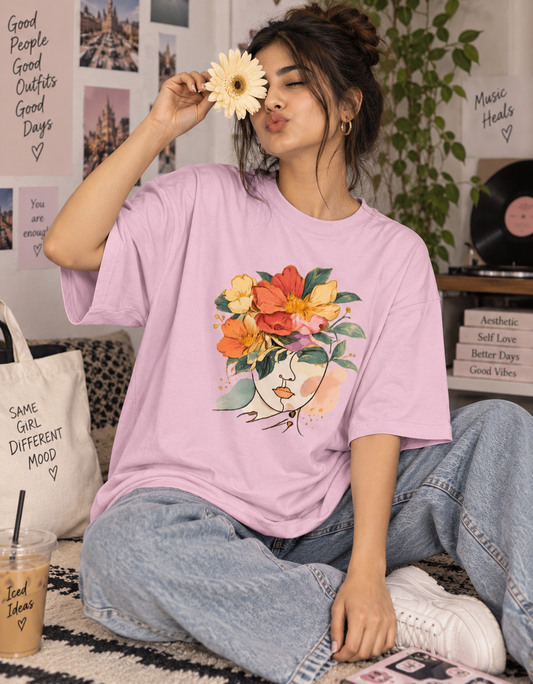Floral Face Oversized T-Shirt | Botanical Woman Portrait Graphic Tee | Aesthetic Flower Girl Unisex Drop-Shoulder Top