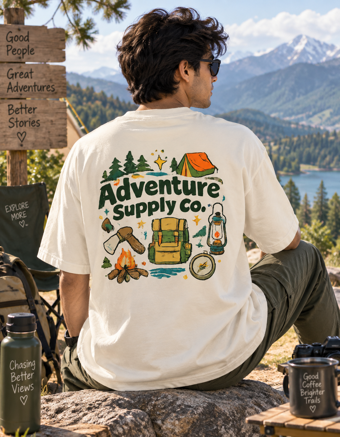 Front & Back Print Adventure Supply Co. Unisex Oversized Camping T-Shirt – Outdoor Adventure Graphic T Shirt