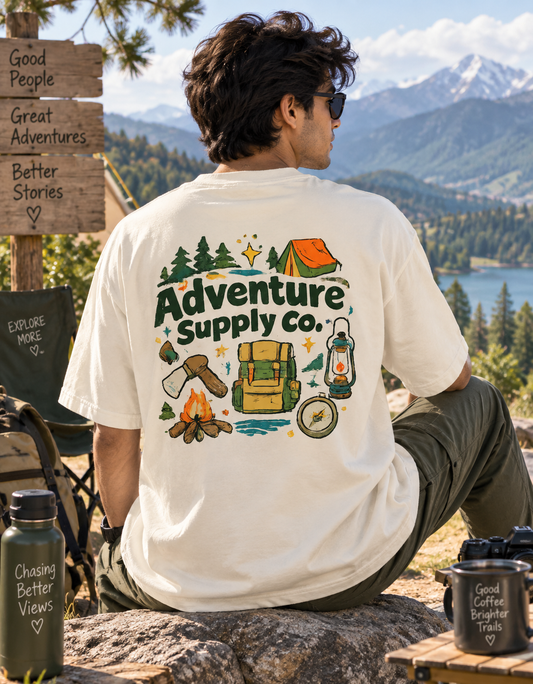 Front & Back Print Adventure Supply Co. Unisex Oversized Camping T-Shirt – Outdoor Adventure Graphic T Shirt