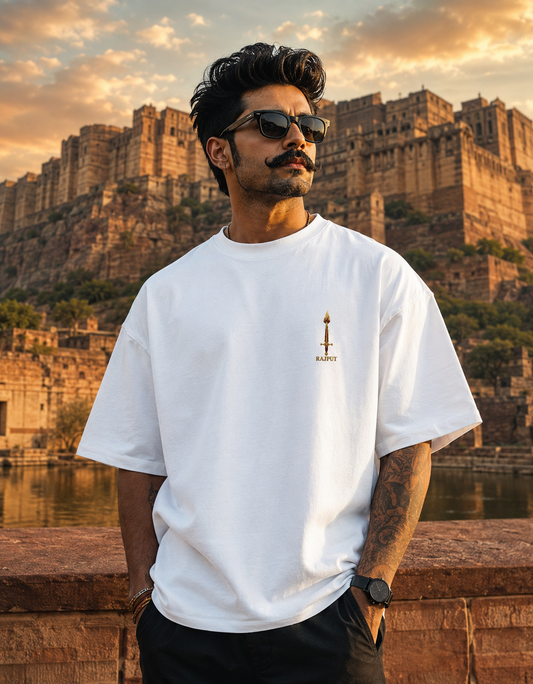 Front & Back Printed Chandravanshi Crest Oversized T-Shirt | Rajput Warrior Emblem Tee – White