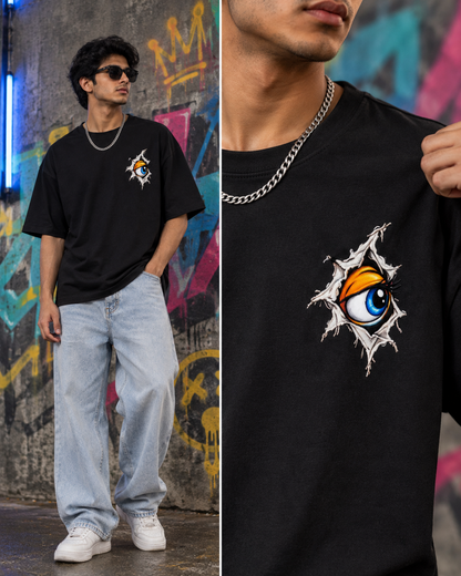 Peeking Eye Torn Rip Pocket Print Oversized Tee