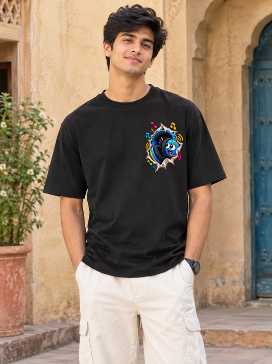 Music Headphones Torn Rip Pocket Print Oversized T-Shirt