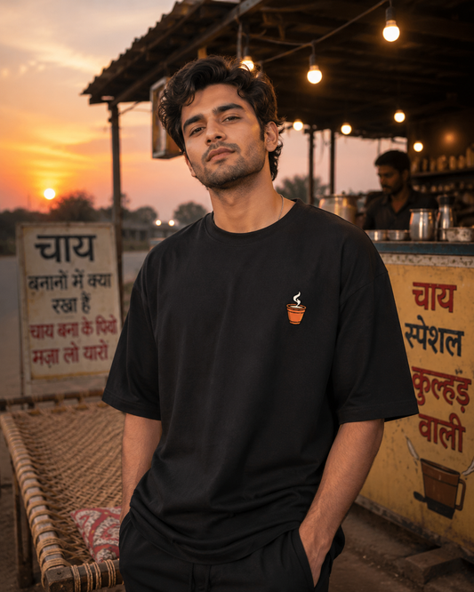 Golden Hour Chai Stall Tee | Mini Kulhad Front, Sunset Dhaba Back Print