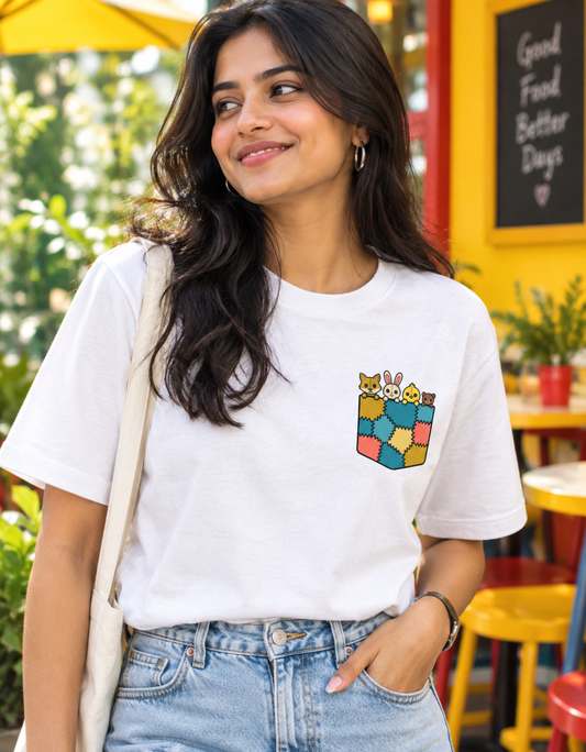 Patchwork Animal Pocket ( no fabric uses) Print Oversized Tee