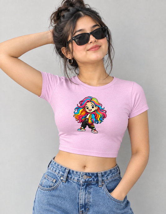 Multicolored Hair Cartoon Printed Graphic Baby Tee For Women