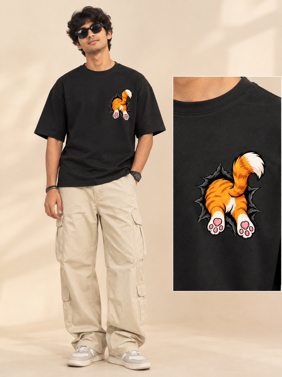 Cat Torn Print Graphic Oversized Tee