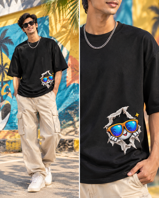 Cool Sunglasses Peeking Torn Rip Print Oversized T-Shirt