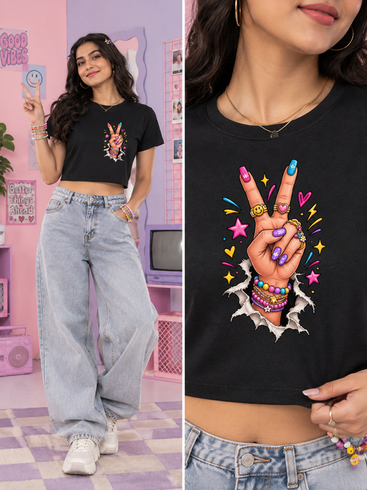 Peace Sign Hand Torn Rip Print Black Crop Tee