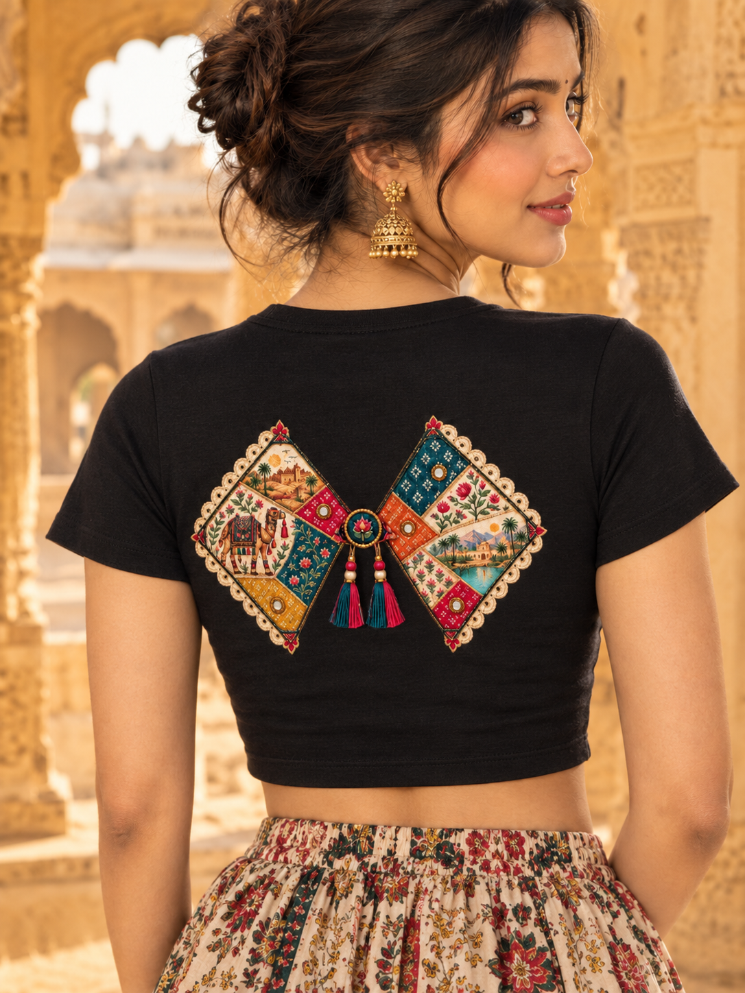 Ethnic Camel Patch Work Print( no cloth & mirror uses) Fitted crop top