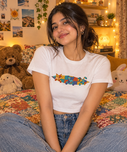 Patchwork Teddy Fox Peeking Crop Top
