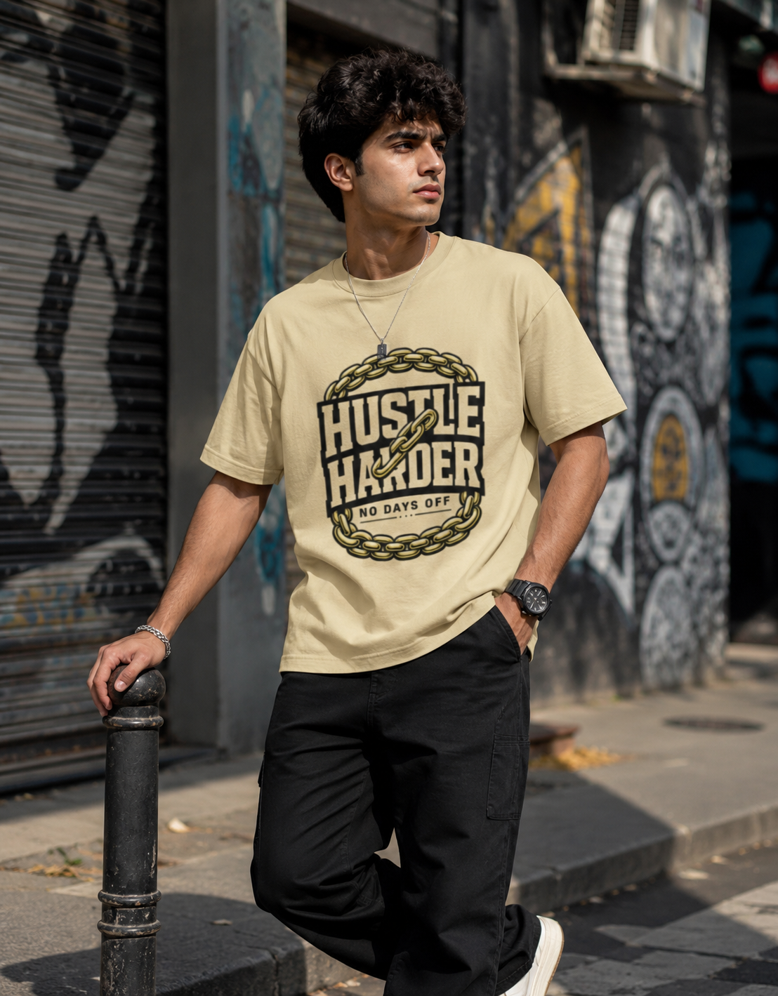 Hustle Harder No Days Off Chain Print Oversized Tee | Motivational Streetwear Tee