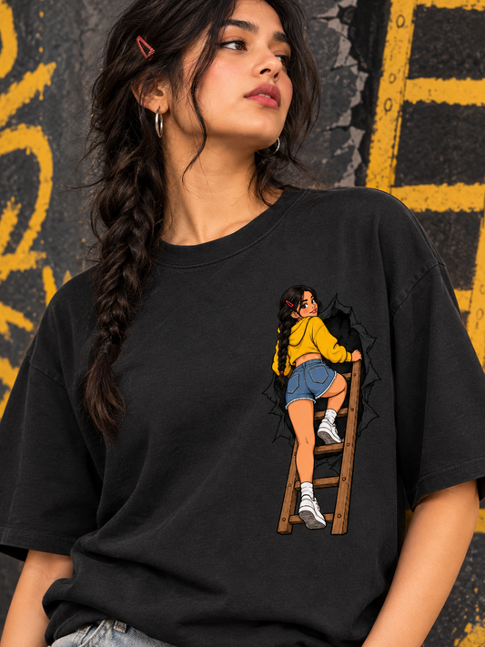 Girl Climbing Ladder Through Torn Hole Oversized T-Shirt