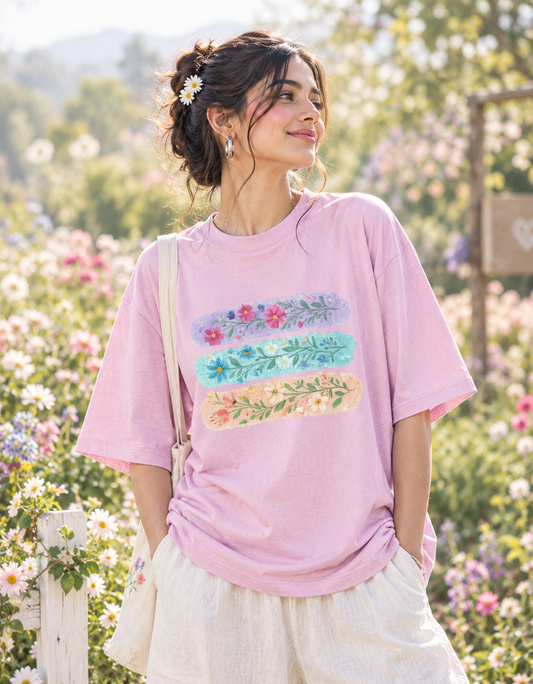 Floral Band Oversized T-Shirt | Cottagecore Botanical Print Unisex Tee | Aesthetic Pastel Flower Drop-Shoulder