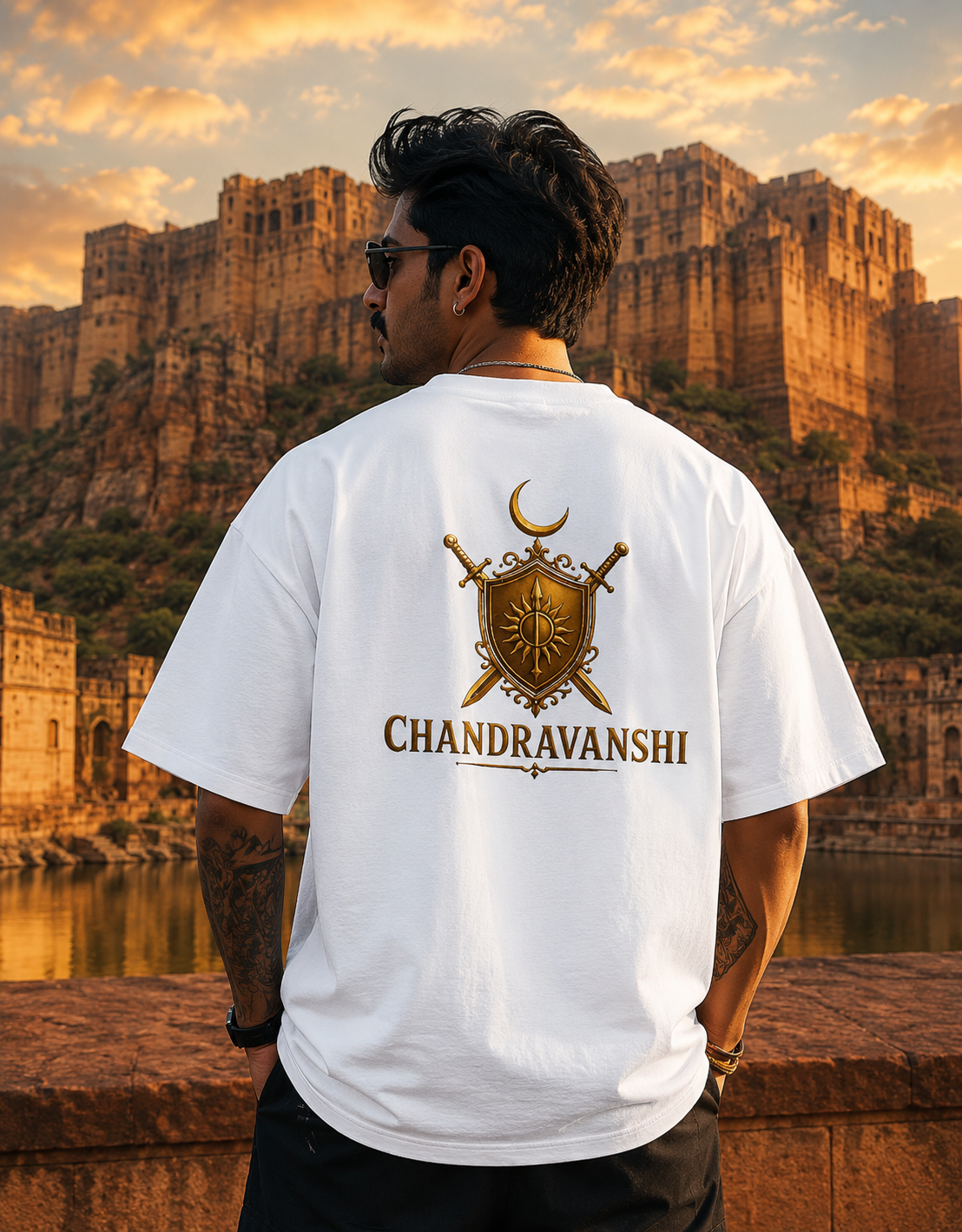 Front & Back Printed Chandravanshi Crest Oversized T-Shirt | Rajput Warrior Emblem Tee – White