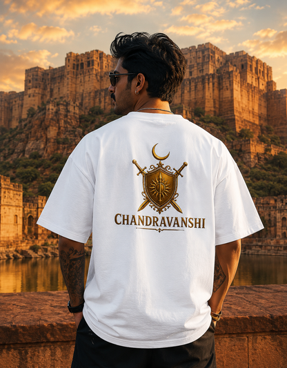 Front & Back Printed Chandravanshi Crest Oversized T-Shirt | Rajput Warrior Emblem Tee – White