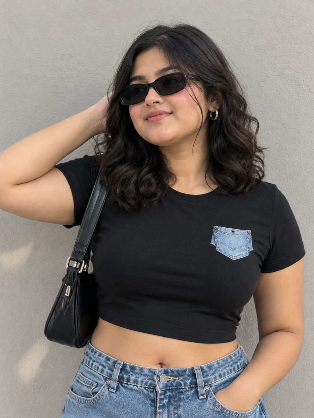 Denim Pocket Crop Top For Women | Fitted Black Baby Tee | Streetwear Crop Top India