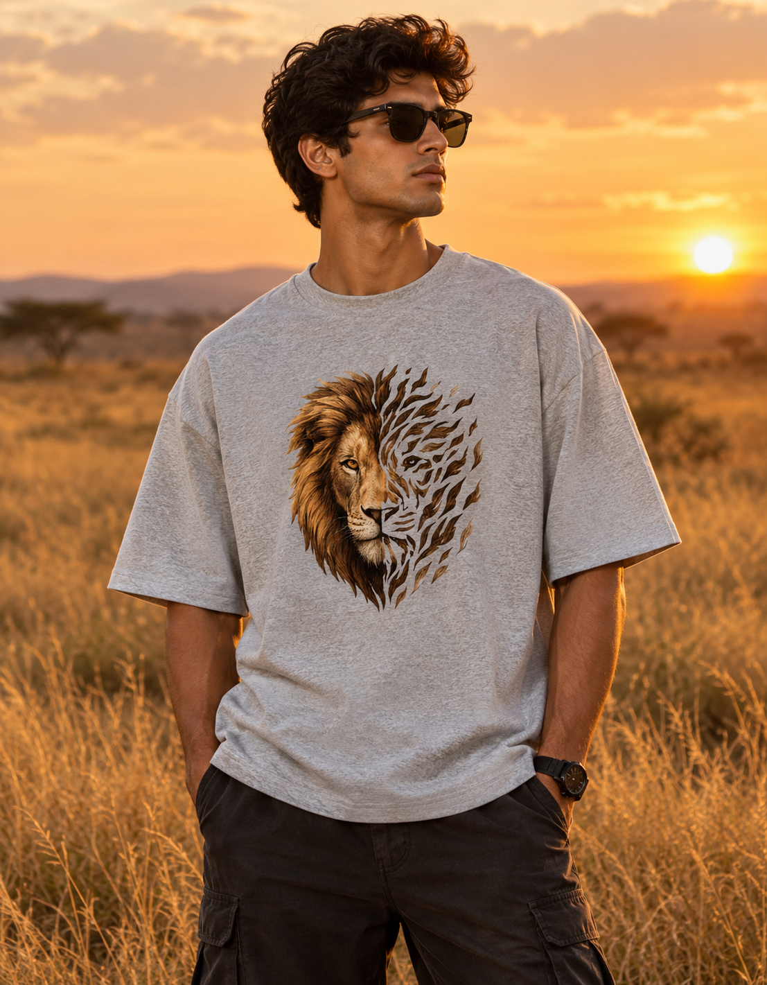Fierce Lion Face Graphic Oversized T-Shirt | Bold Animal Print Unisex Tee | Majestic King of Jungle Red Drop Shoulder T-Shirt