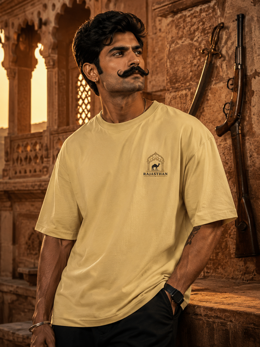 Front Back Printed Endurance Desert Sunset Oversized T-Shirt | Rajasthan Graphic Tee – Sand Yellow