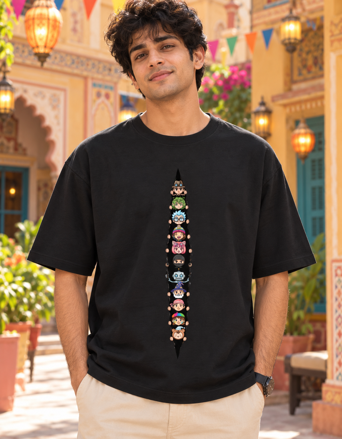 Torn Fabric Peeking Characters Oversized Tshirt