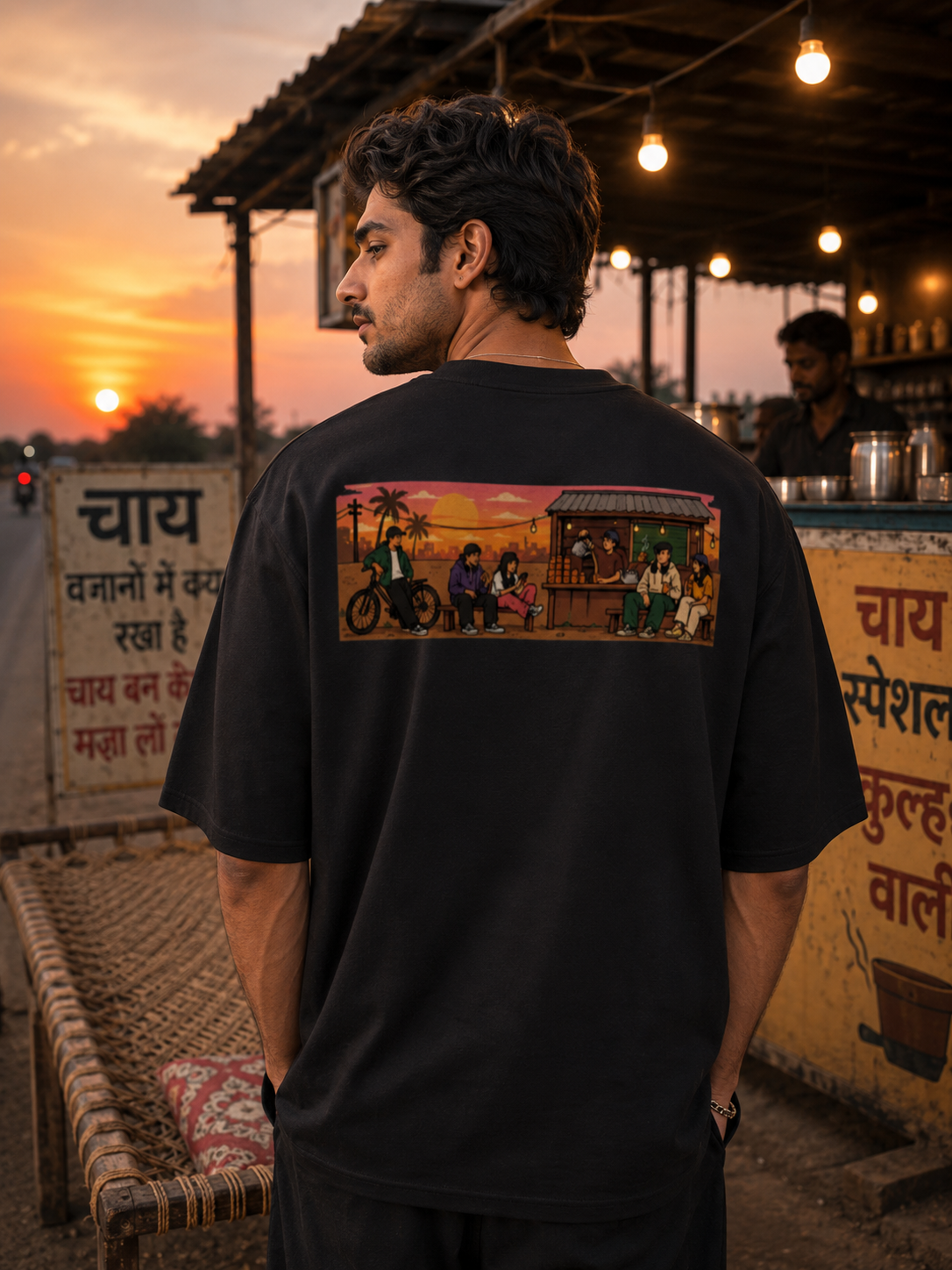 Golden Hour Chai Stall Tee | Mini Kulhad Front, Sunset Dhaba Back Print