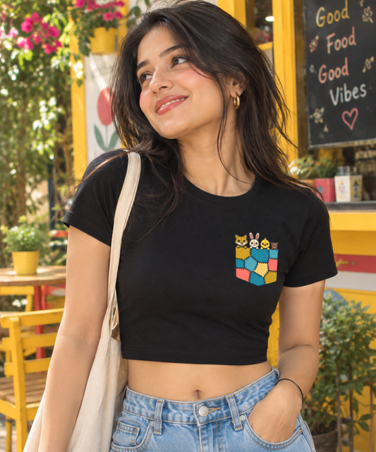 Patchwork Animal Print ( no thread work) Pocket Crop Top