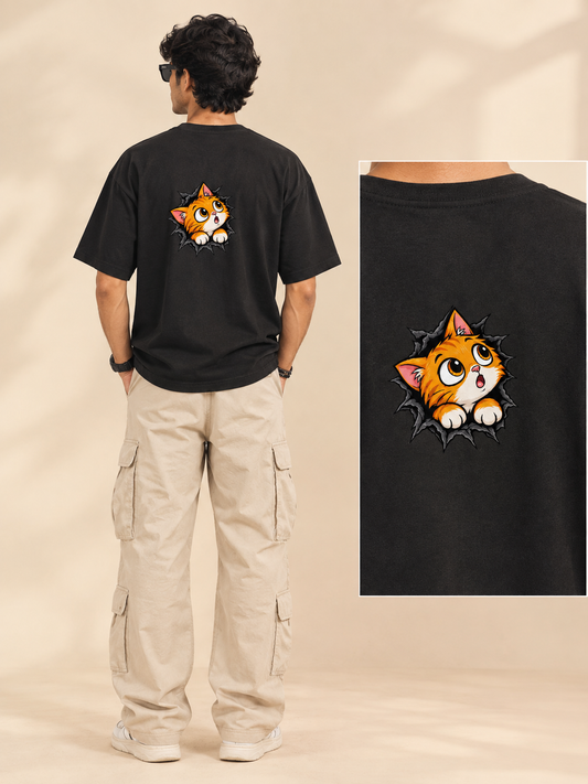 Cat Torn Print Graphic Oversized Tee