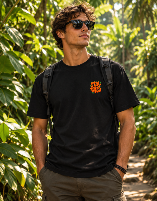 Stay Wild Chest Print T-Shirt | Retro Groovy Typography Tee | Unisex Black Streetwear Shirt | Nature Adventure Graphic Tee