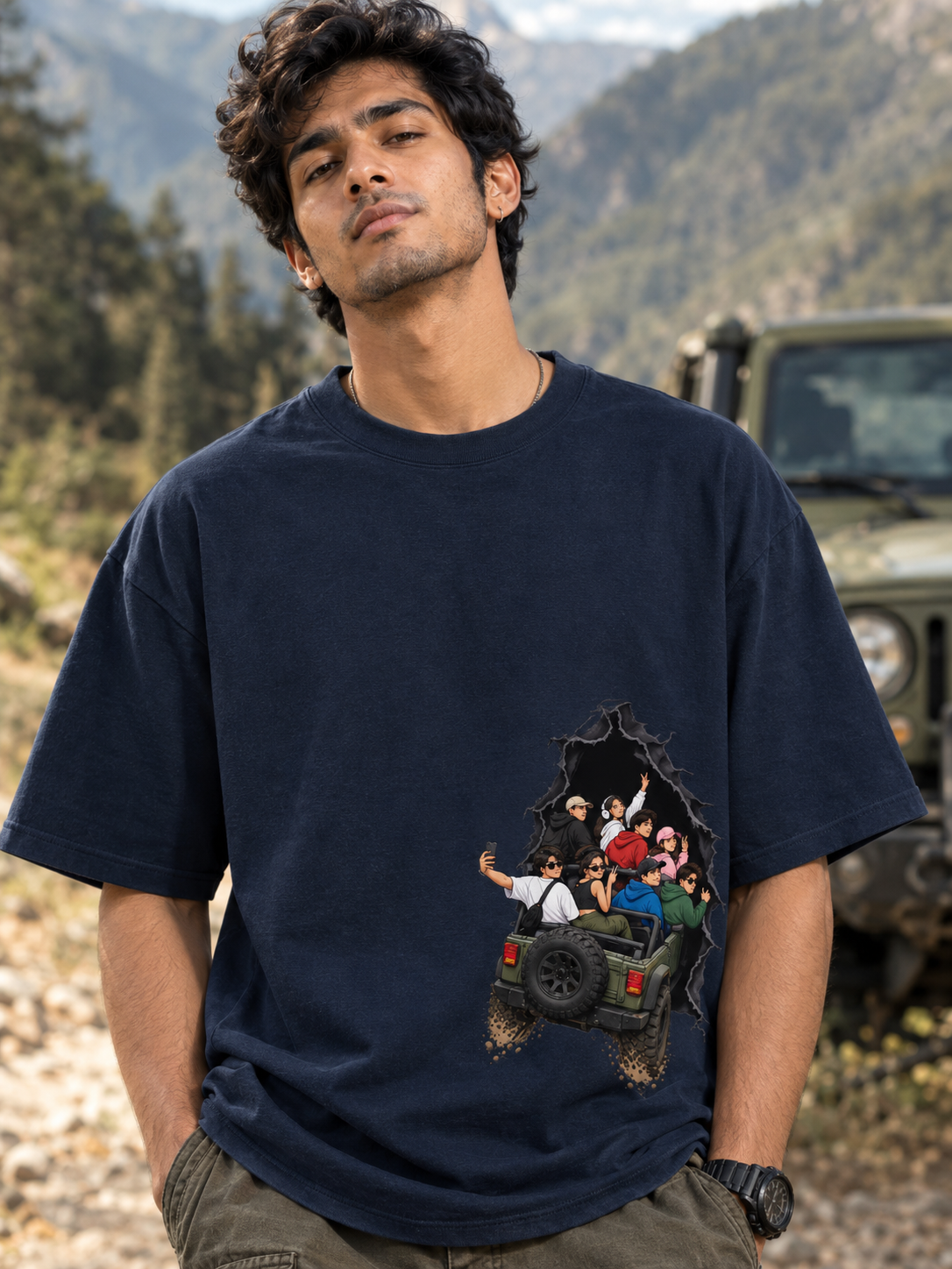 Friends Jeep Adventure Bursting Through Torn Hole Oversized T-Shirt