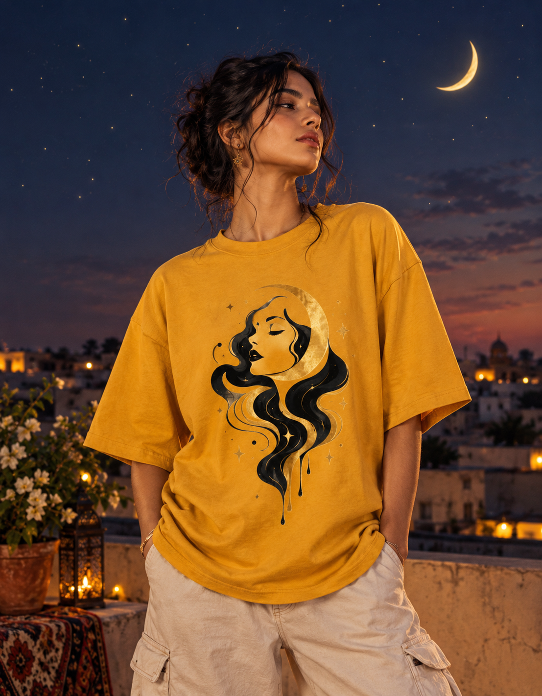 Moon Goddess Oversized T-Shirt | Dark Aesthetic Crescent Moon Graphic Tee | Celestial Drip Art Red Shirt