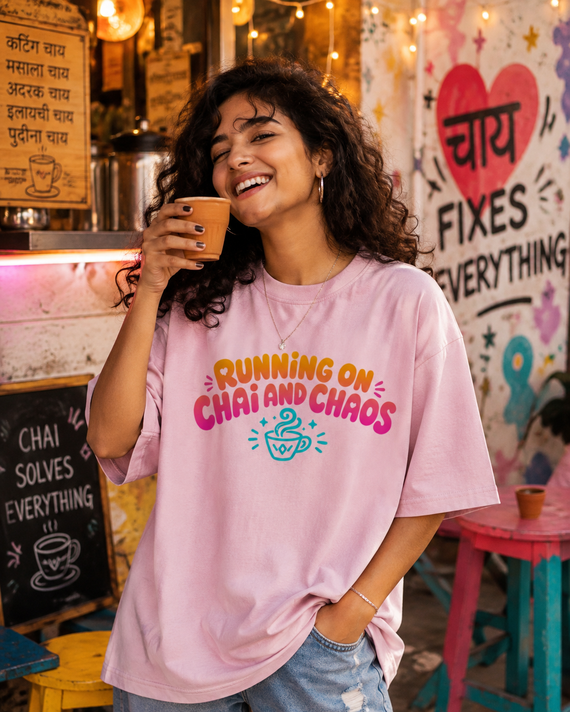 Running On Chai & Chaos Funny Desi Humor Graphic Tee