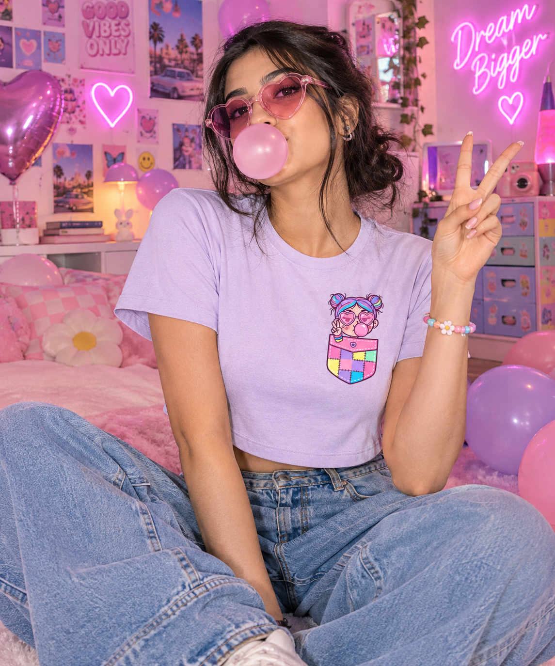 Bubblegum Girl Pocket Print Crop Top