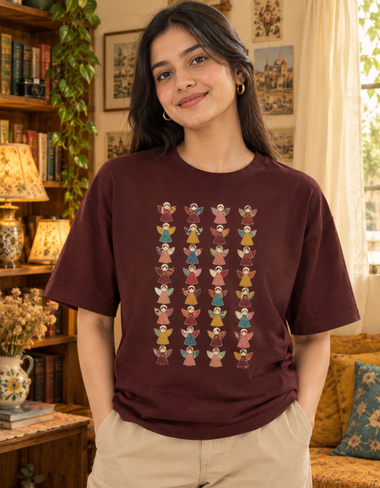 Patchwork( no thread or fabric uses) Angel Printed Oversized Tee