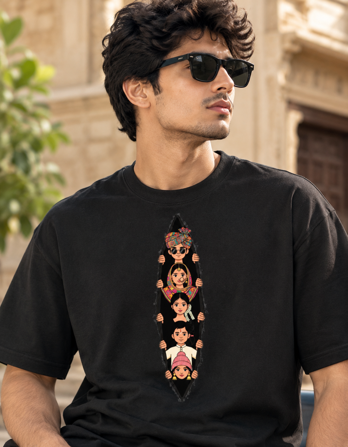 Torn Fabric Peeking Characters Oversized Tee