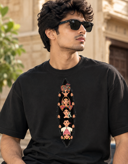 Torn Fabric Peeking Characters Oversized Tee
