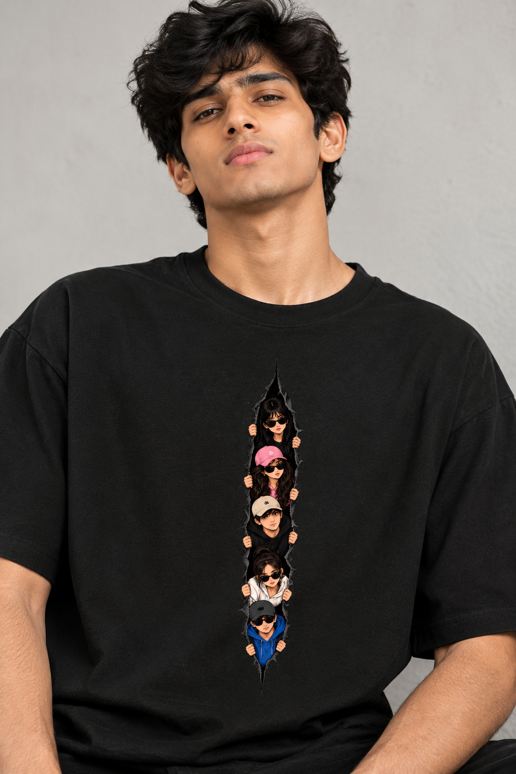 Friends Peeking Through Torn Fabric Oversized T-Shirt