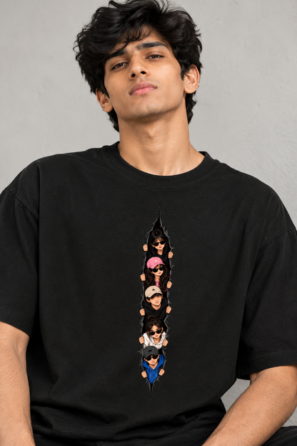 Friends Peeking Through Torn Fabric Oversized T-Shirt