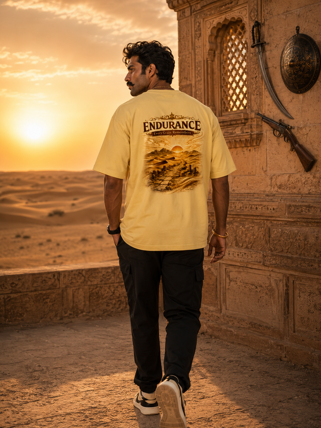 Front Back Printed Endurance Desert Sunset Oversized T-Shirt | Rajasthan Graphic Tee – Sand Yellow